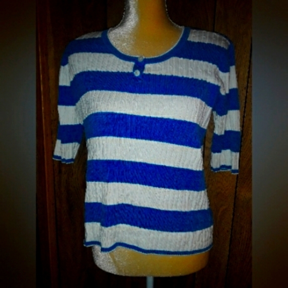 Womans Large Shirt Blue & White Striped Top Midsleeved Textured Comfy Blouse - Picture 1 of 4